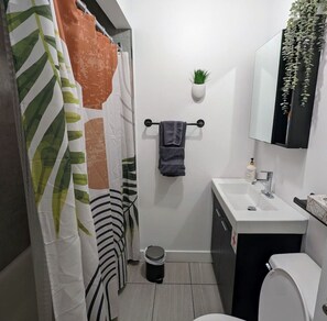 Combined shower/bathtub, hair dryer, towels