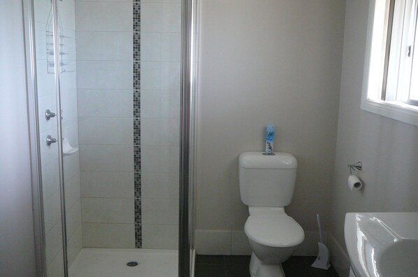 Un baño con ducha, inodoro y lavamanos.