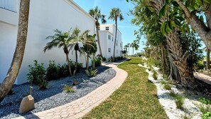 A pathway leading to a white building with palm trees and a garden. - LaPlaya 104E-Prefectly located near the path to the beach. (Longboat Key)