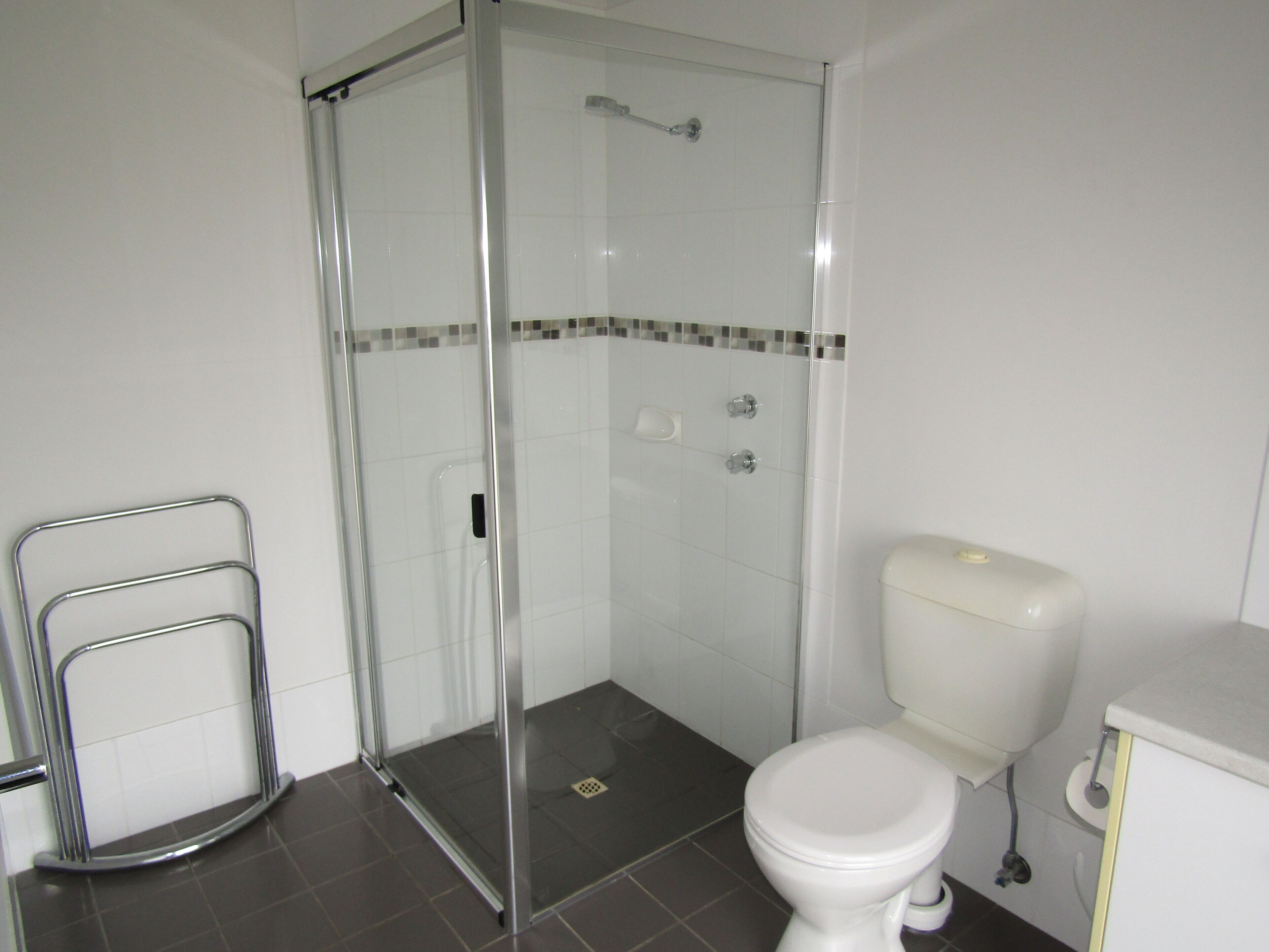 A bathroom with a glass-enclosed shower, a toilet, and a metal towel rack.
