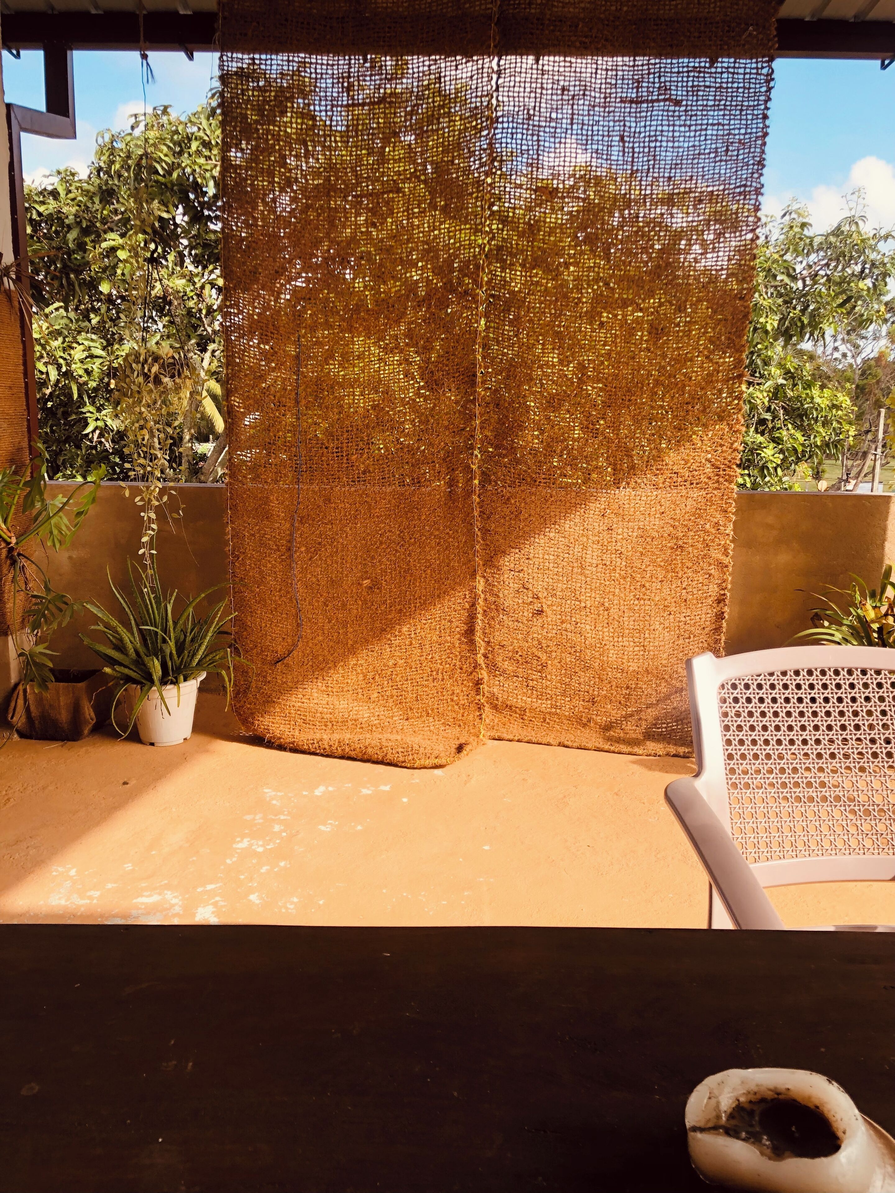 Un porche cubierto con mosquitero, plantas en macetas y una silla blanca.