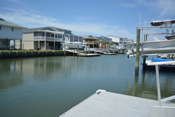 A marina with docked boats, a wooden pier, and residential buildings in the background.