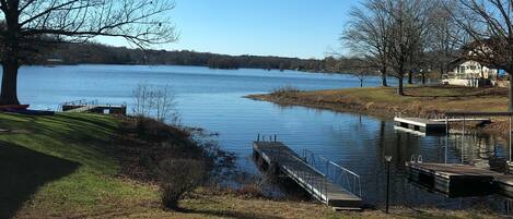 A lakeside view with a dock, grassy areas, and leafless trees.