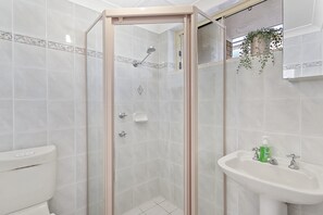 Une salle de bain équipée d’une douche, de toilettes et d’un lavabo.