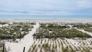 A beach with a sandy path leading to the water, surrounded by vegetation and a wooden fence. - Seaside: Spacious 4BR oceanfront home in Holden Beach, perfect for 12 guests. (Holden Beach)