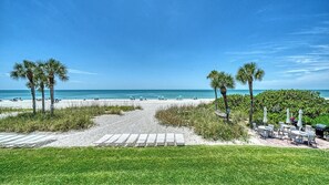 Une plage bordée de palmiers, un sentier menant à l’eau et des espaces de détente en plein air.
