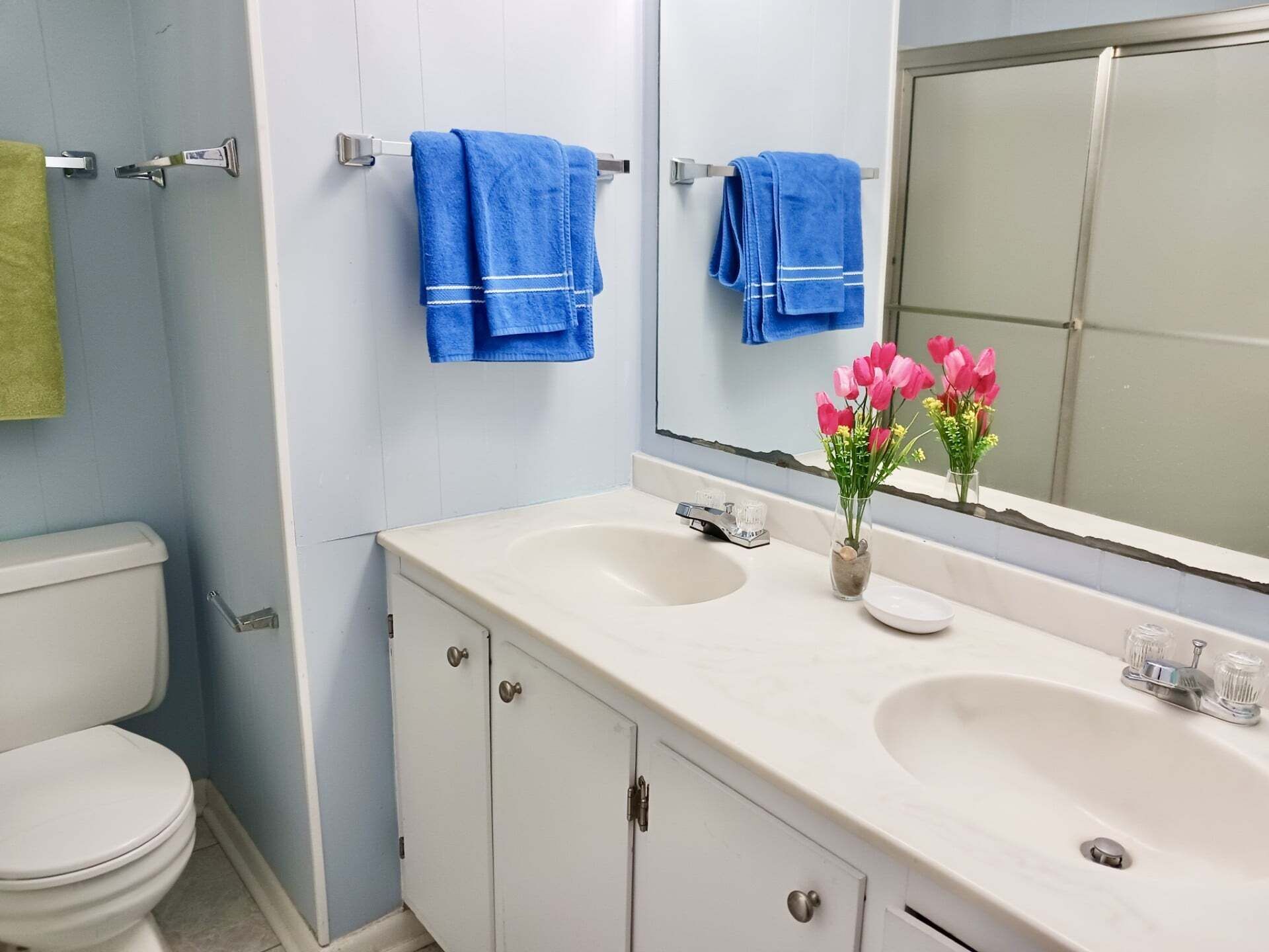A bathroom with two sinks, a toilet, and a mirror.