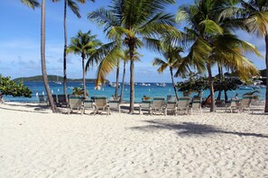 On the beach, sun loungers, beach towels - Location, Location, Location - Right on The Beach - Simply The Closest and Best (ST. Thomas, USVI)