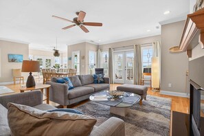 Télévision, cheminée, chaîne hi-fi