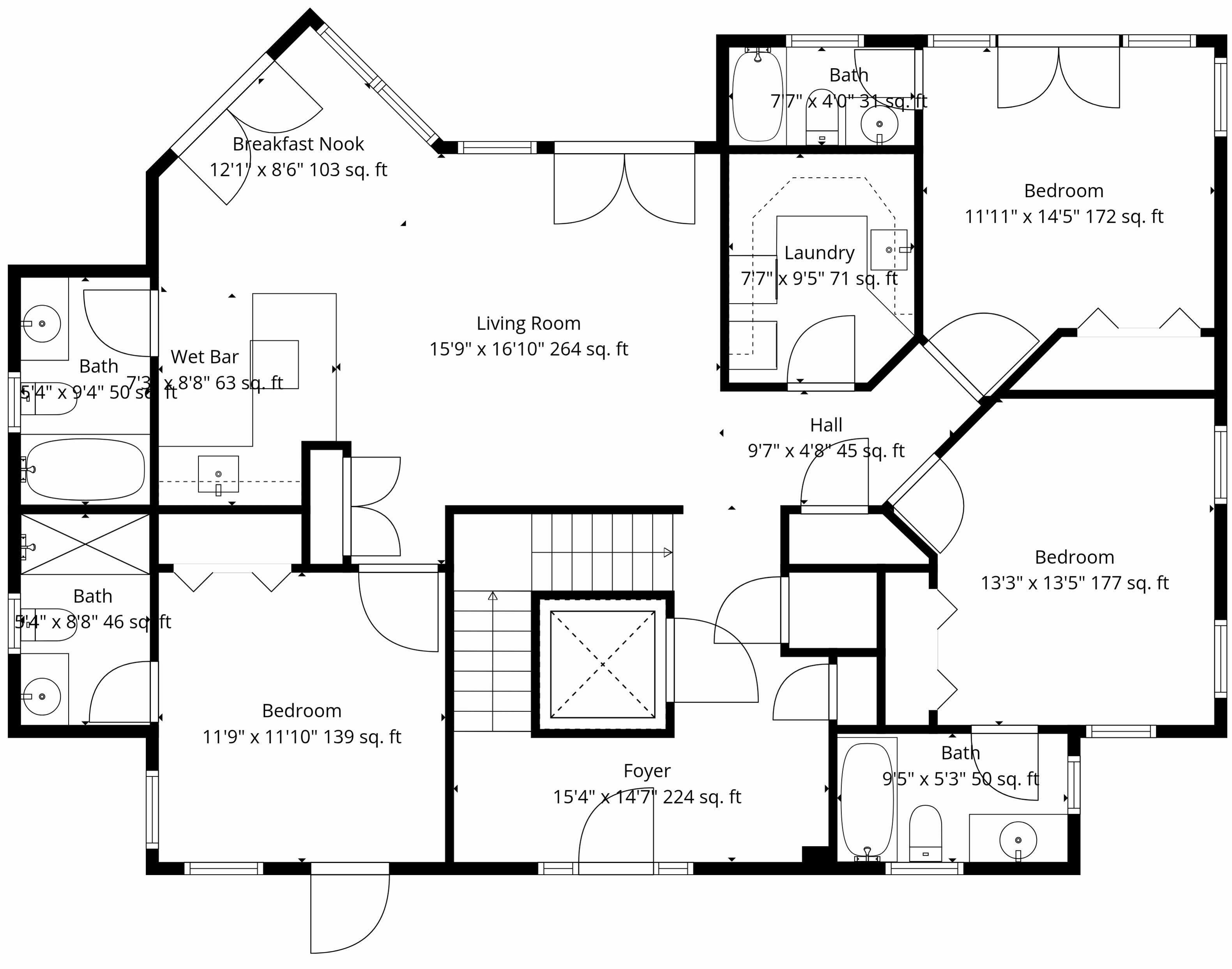 A floor plan with a living room, bedrooms, a foyer, a bathroom, and a breakfast nook.