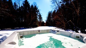 Een hottub omringd door sneeuw en bomen.