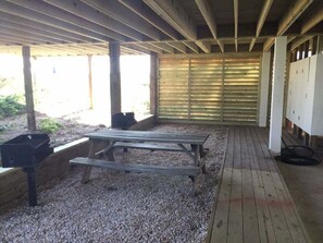 Outdoor dining - Experience coastal living at Dune Deck South, a beautiful 4-bedroom duplex in Holden Beach. (Holden Beach)