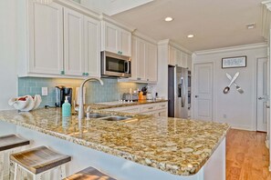 Fridge, microwave, oven, dishwasher - Knot A Care: Oceanfront 4BR, 4BA beauty in Holden Beach, perfect for 12 guests. (Holden Beach)