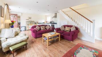 Smart TV, fireplace, DVD player, books