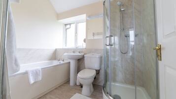 A modern bathroom with a glass-enclosed shower, a bathtub, a sink, and a toilet.
