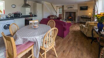 Smart TV, fireplace, DVD player, books