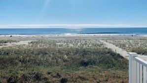 Uitzicht op een strand met heldere lucht, zandstrand en een grasveld op de voorgrond.