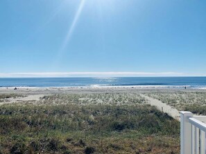 Blick auf einen Strand mit blauem Himmel, sandigem Ufer und einer grünen Wiese im Vordergrund.