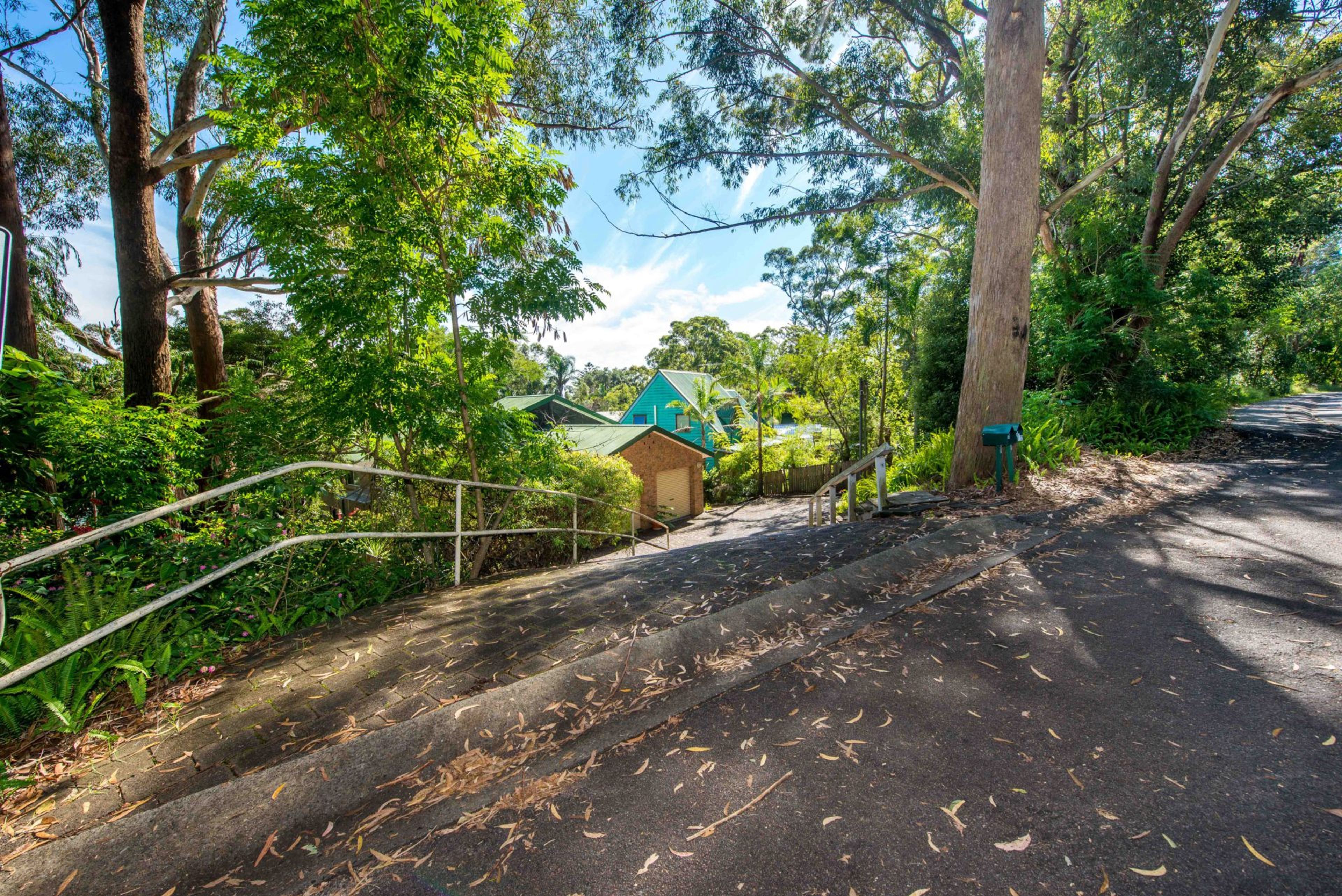 A pathway leading to a building with a green roof, surrounded by trees and vegetation.