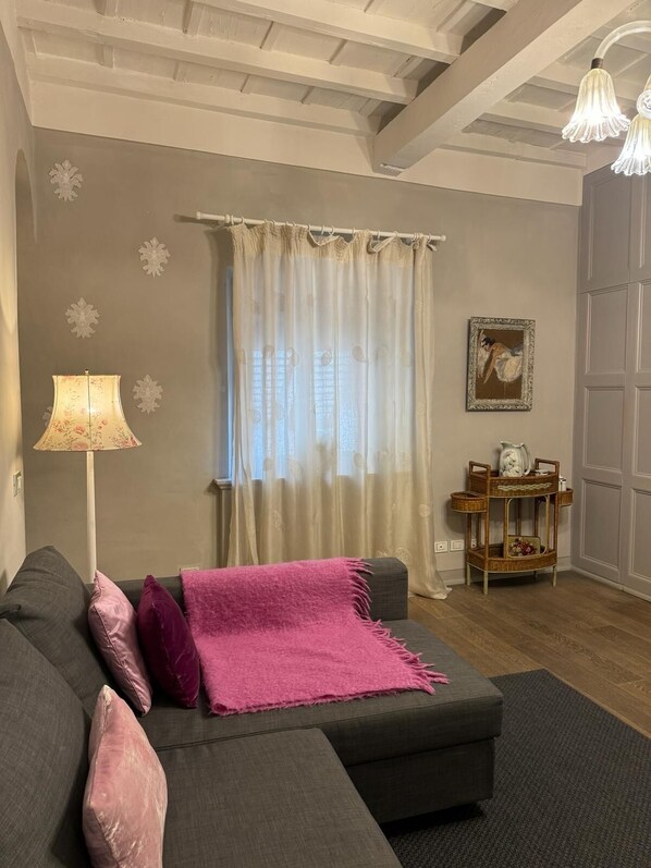 A cozy living room with a grey sofa, a pink throw blanket, a floor lamp, and a painting on the wall. - Florence Loft Duomo (Firenze)