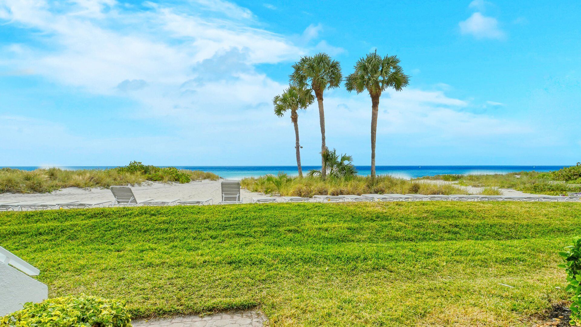 På stranden, solsenger og strandhåndklær