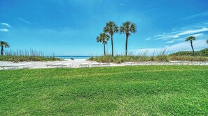 Une plage bordée de palmiers, un ciel dégagé et une zone herbeuse avec des chaises longues.