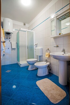 Dusch, hårtork, bidé och handdukar