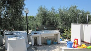 An outdoor kitchen area with a sink, a water tap, and a satellite dish.