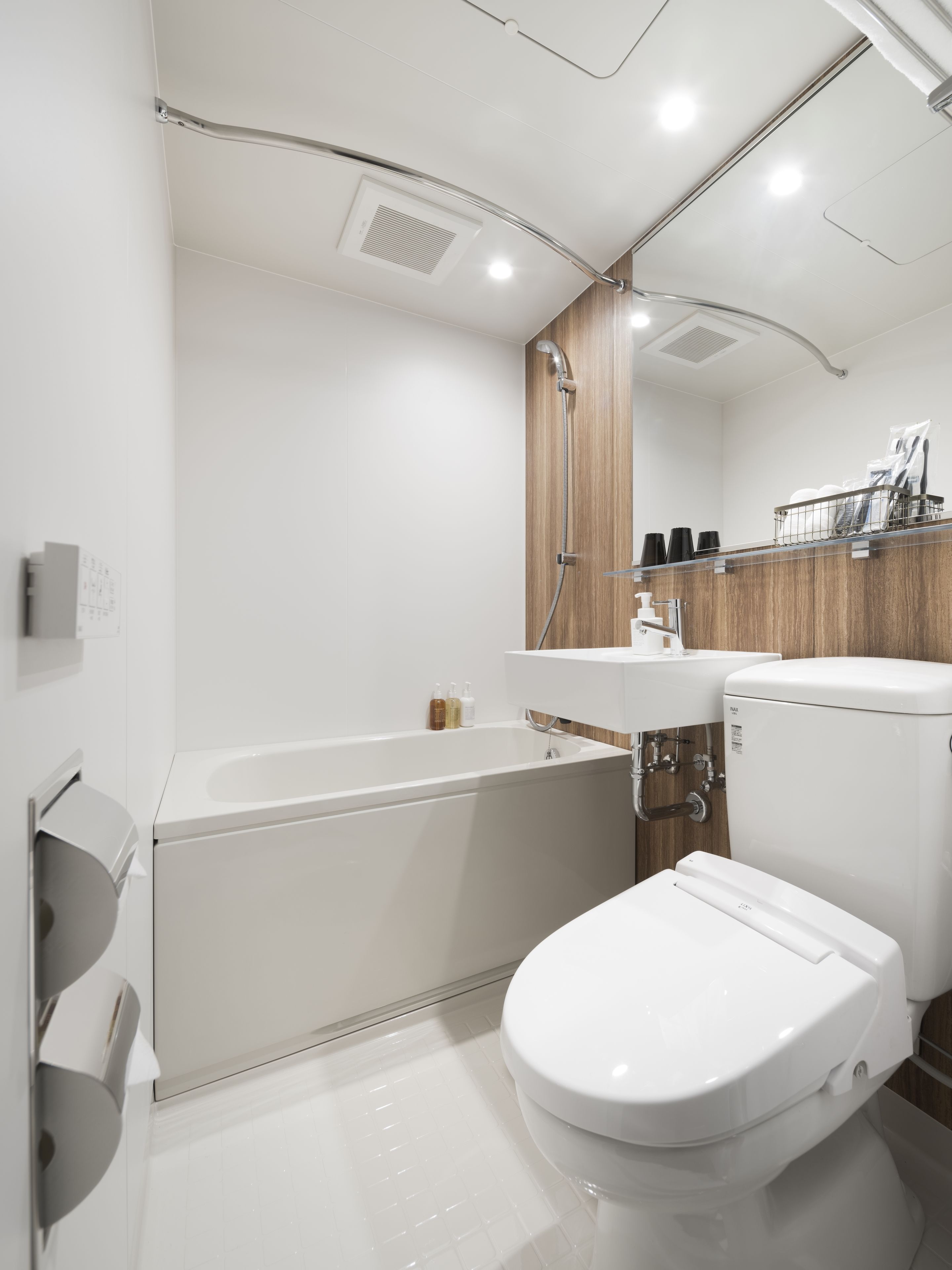 combined shower/bathtub, deep-soaking bathtub, hydromassage showerhead