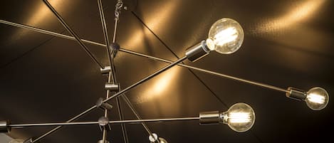 A ceiling with multiple light fixtures.