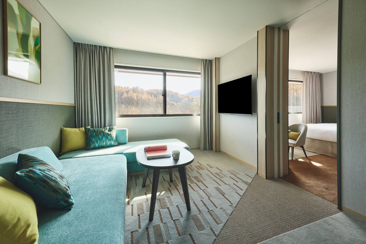 A hotel room with a sofa, a small table with a book and cup, a TV, and a window with a view of trees.
