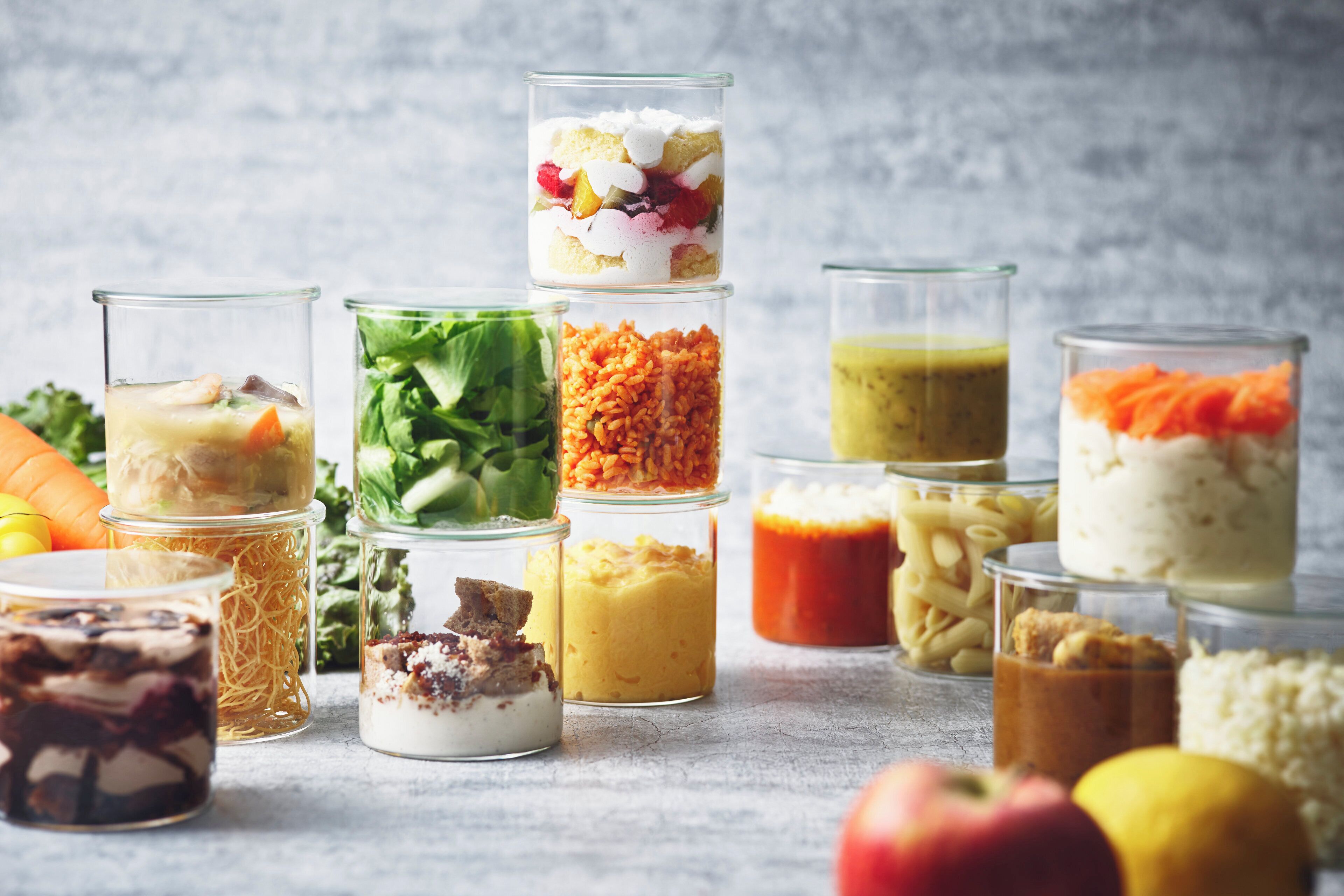 Various food items in glass containers.