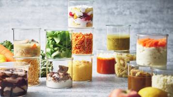 Various food items in glass containers.