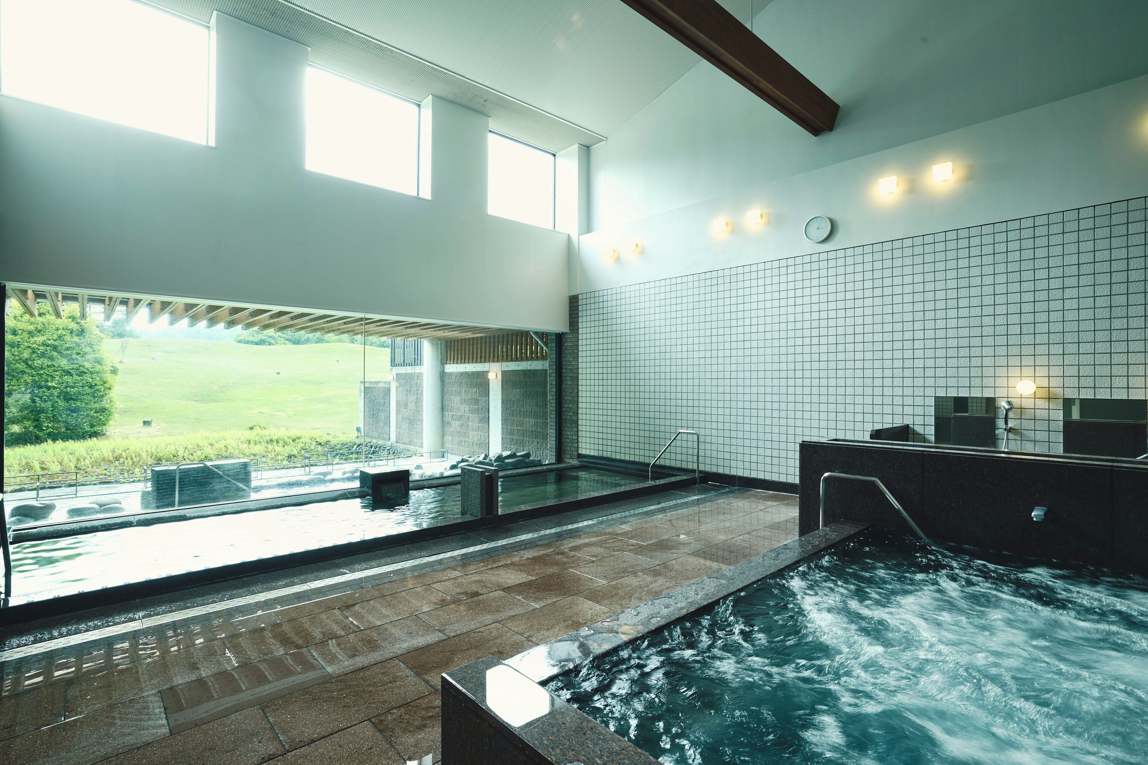 A modern indoor pool area with clear glass walls, a view of a green landscape, and a tiled wall with a clock.