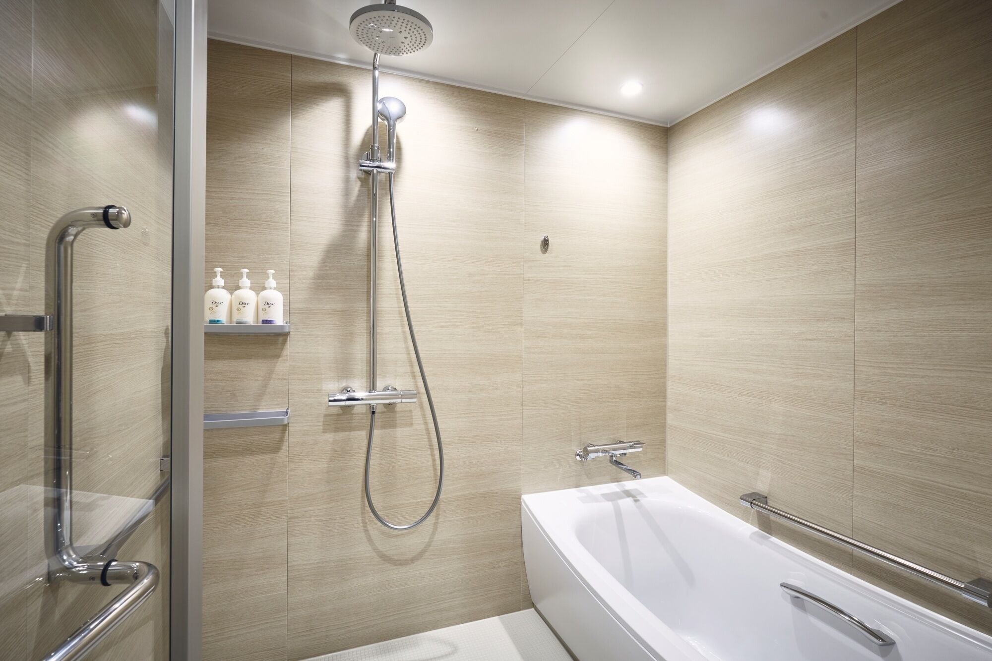A modern bathroom with a walk-in shower, a bathtub, and a glass-enclosed shower area.