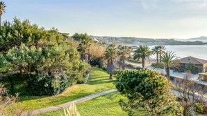 Un paysage côtier avec un sentier, de la végétation et une vue sur la mer.