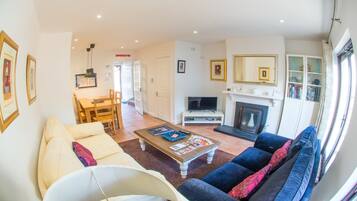 TV, fireplace, DVD player, books