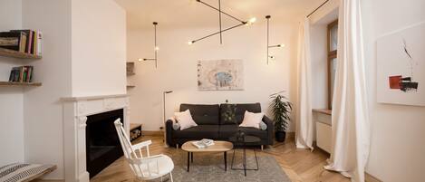 Smart TV, fireplace, books