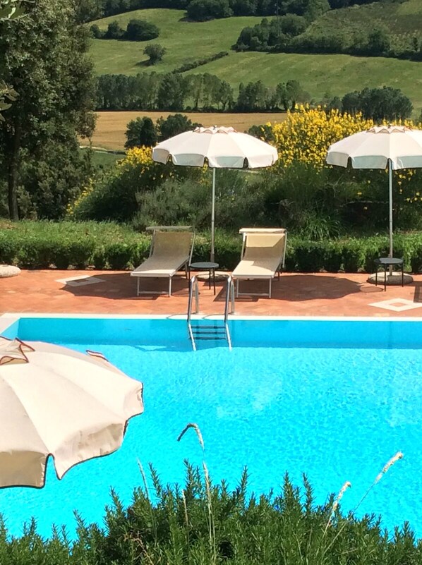 A swimming pool with lounge chairs and umbrellas, surrounded by greenery and hills.