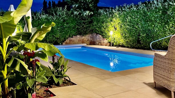 Una piscina con un muro de piedra y abundante vegetación al fondo.
