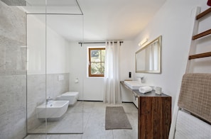 Shower, hair dryer, bidet, towels