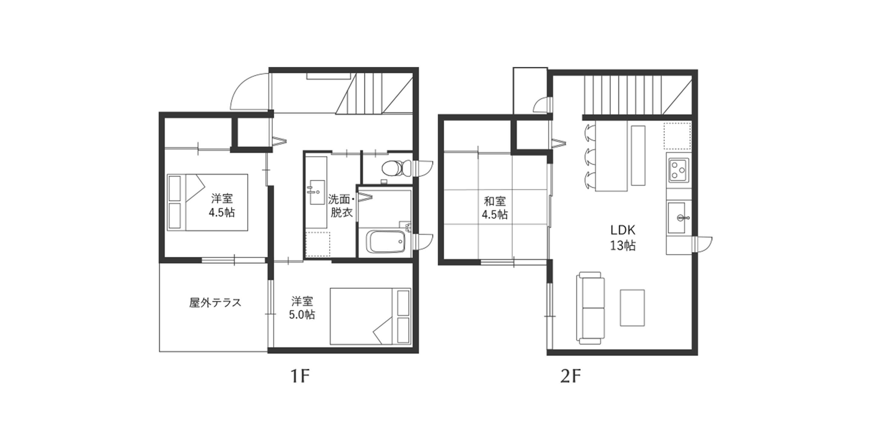 Floor plans of two hotel rooms, each with a bathroom, a living area, and a bedroom. Room 1 has an additional balcony. Room 2 includes a kitchenette.