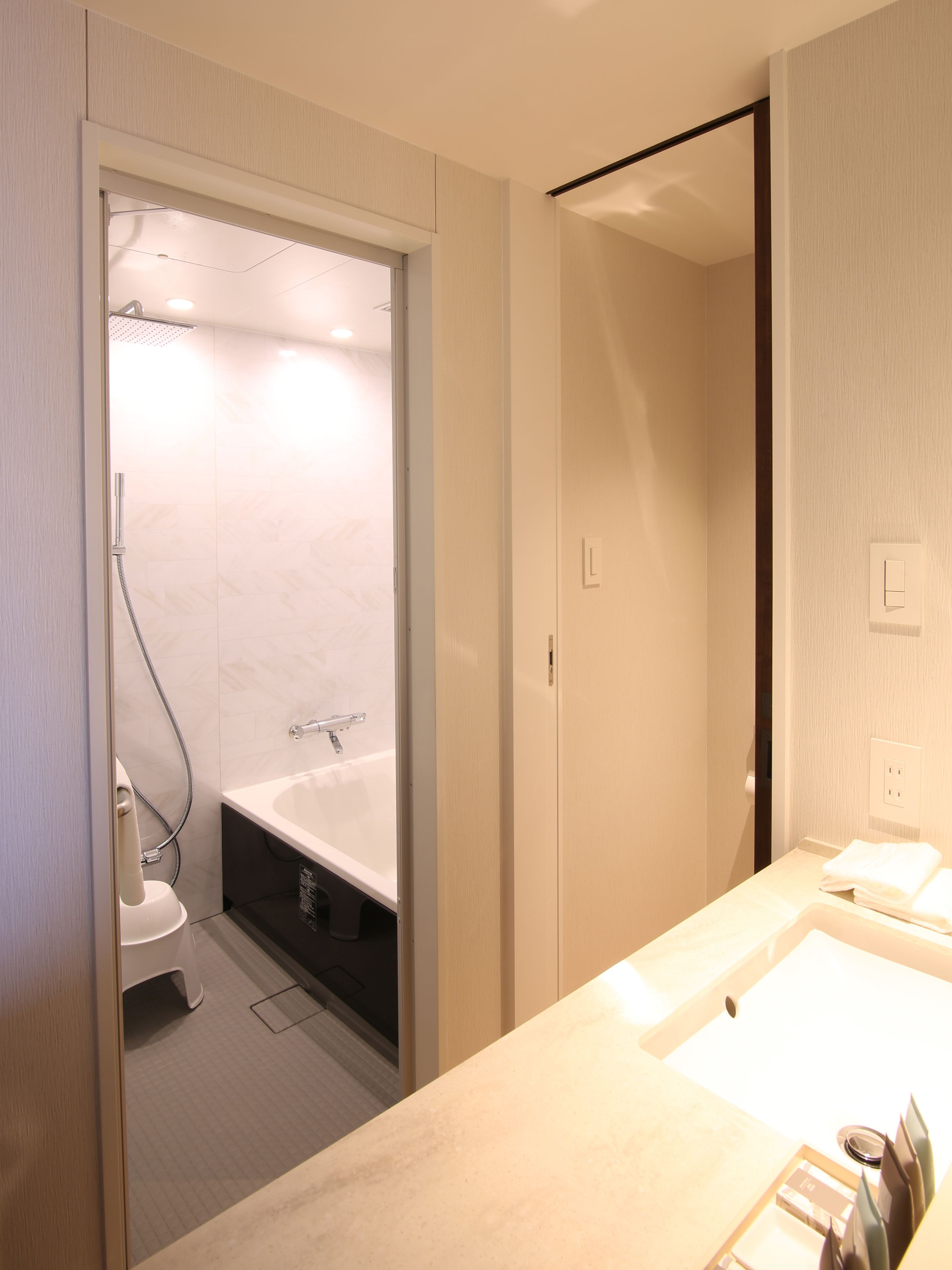 A modern bathroom with a walk-in shower, a bathtub, and a vanity with a mirror.