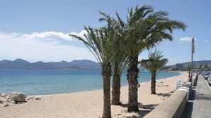 A sandy beach with palm trees and a clear blue sea. - Cannes, 2 rooms Furnished 3 stars 10 mn from the Palais and the beach (Cannes)