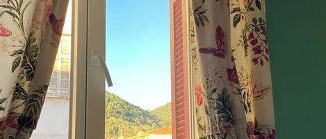 A window with floral curtains, a view of buildings, and a green wall.