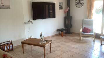 Fernseher, Kamin, DVD-Player, BĂŒcher