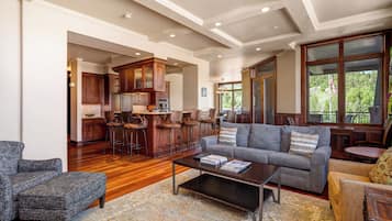 Televisión, chimenea, reproductor de DVD, videoteca