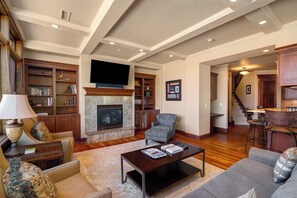 电视、壁炉、DVD 播放器、影片库