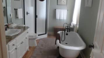 Combined shower/tub, hair dryer, towels, soap