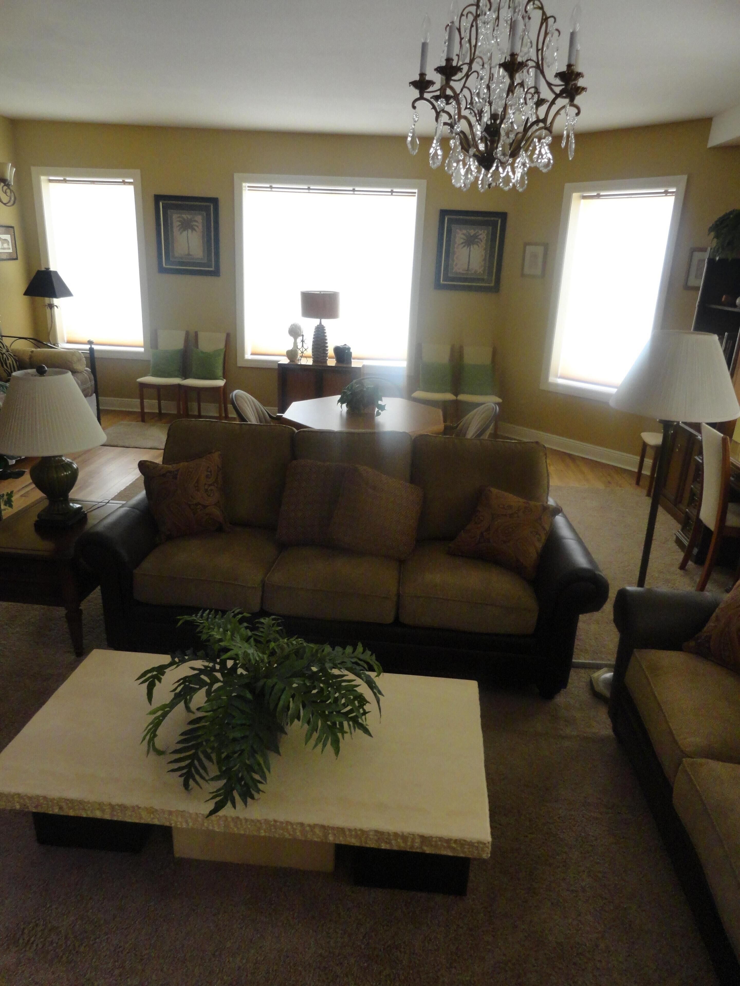 A living room with a sofa, coffee table, and chandelier. There are windows with blinds, a lamp, and a plant.